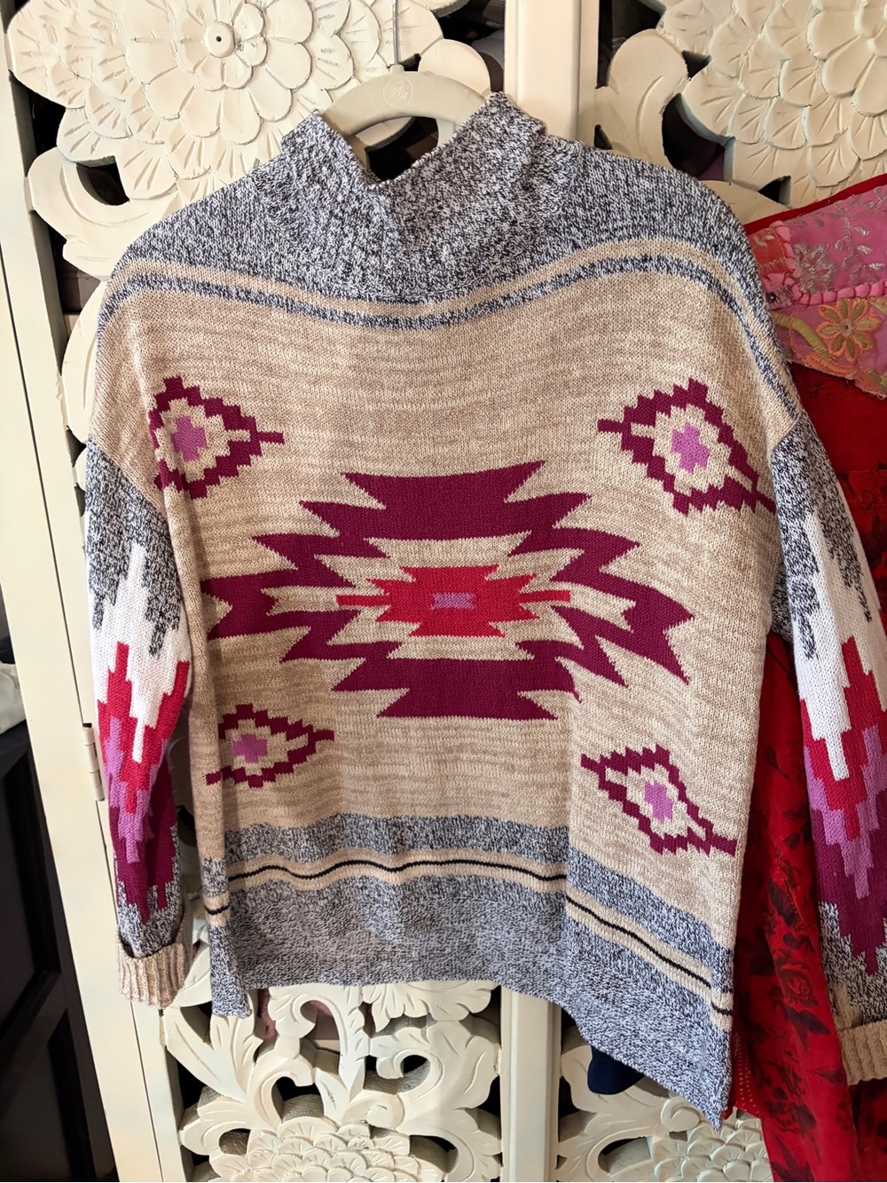 NIC+ZOE Aztec-Inspired Cowl Sweater in Beige & Magenta